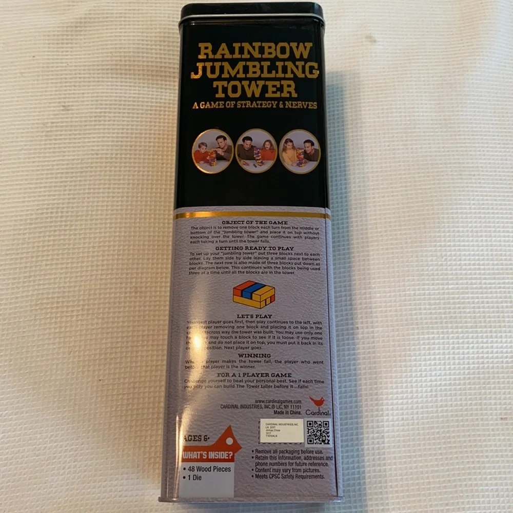 Rainbow Jumbling Tower a game of Strategy Tin box 48 Pieces Ages 6+